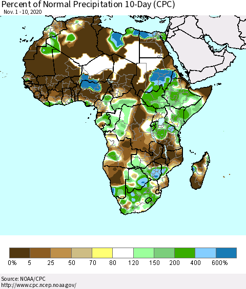 Africa Percent of Normal Precipitation 10-Day (CPC) Thematic Map For 11/1/2020 - 11/10/2020