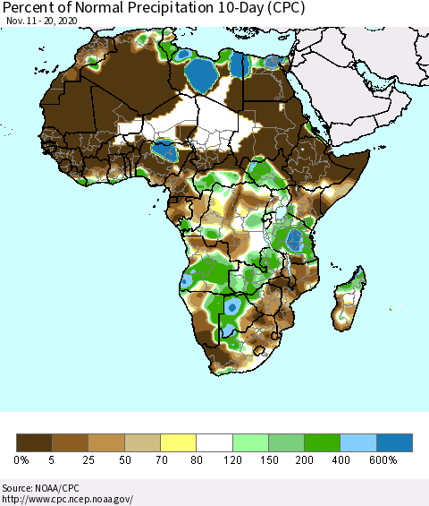 Africa Percent of Normal Precipitation 10-Day (CPC) Thematic Map For 11/11/2020 - 11/20/2020