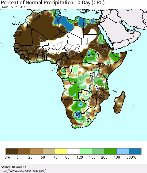 Africa Percent of Normal Precipitation 10-Day (CPC) Thematic Map For 11/16/2020 - 11/25/2020