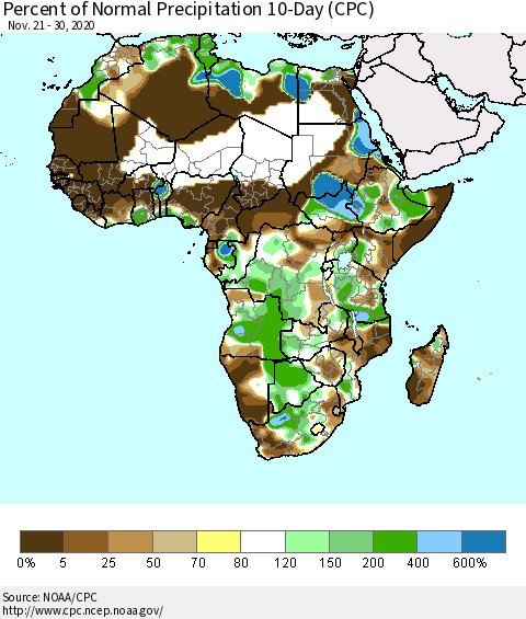 Africa Percent of Normal Precipitation 10-Day (CPC) Thematic Map For 11/21/2020 - 11/30/2020