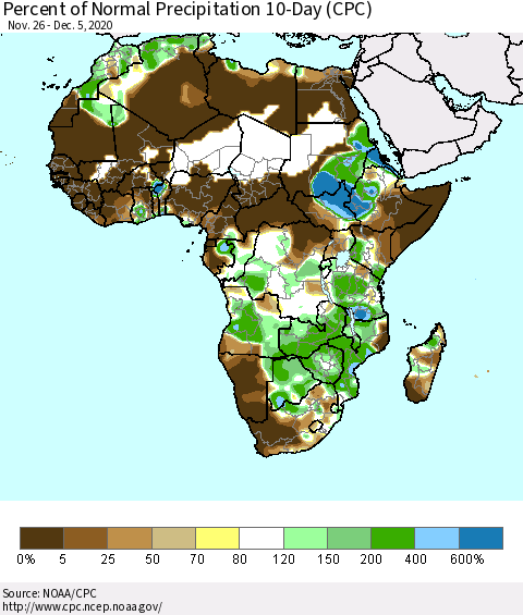 Africa Percent of Normal Precipitation 10-Day (CPC) Thematic Map For 11/26/2020 - 12/5/2020
