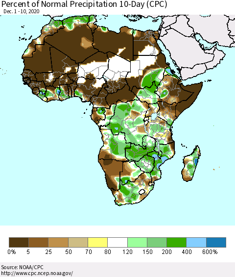 Africa Percent of Normal Precipitation 10-Day (CPC) Thematic Map For 12/1/2020 - 12/10/2020