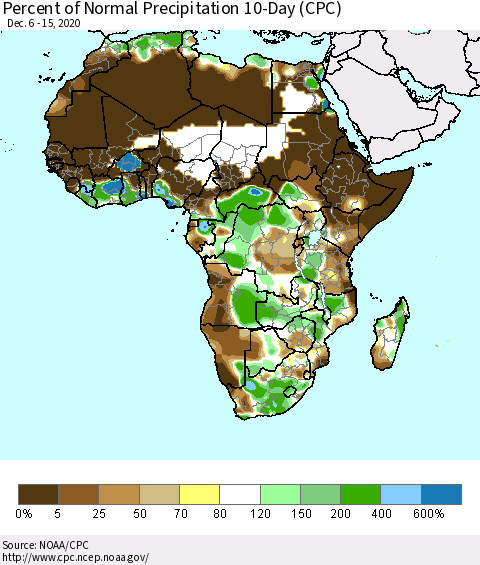 Africa Percent of Normal Precipitation 10-Day (CPC) Thematic Map For 12/6/2020 - 12/15/2020
