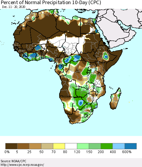 Africa Percent of Normal Precipitation 10-Day (CPC) Thematic Map For 12/11/2020 - 12/20/2020