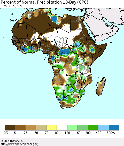 Africa Percent of Normal Precipitation 10-Day (CPC) Thematic Map For 12/16/2020 - 12/25/2020