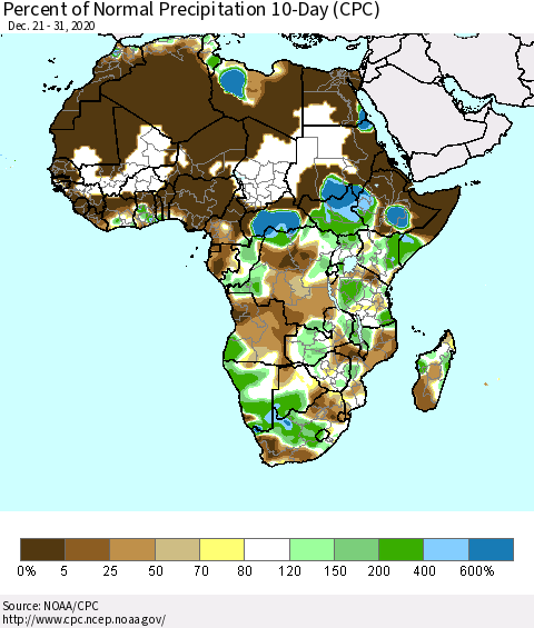 Africa Percent of Normal Precipitation 10-Day (CPC) Thematic Map For 12/21/2020 - 12/31/2020