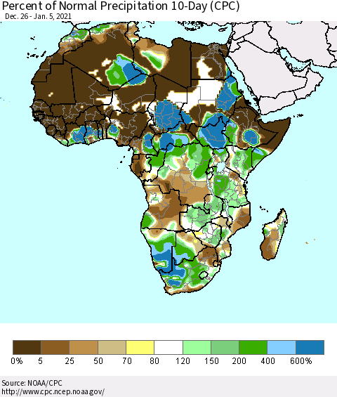 Africa Percent of Normal Precipitation 10-Day (CPC) Thematic Map For 12/26/2020 - 1/5/2021