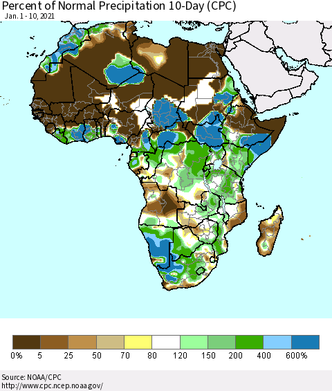 Africa Percent of Normal Precipitation 10-Day (CPC) Thematic Map For 1/1/2021 - 1/10/2021