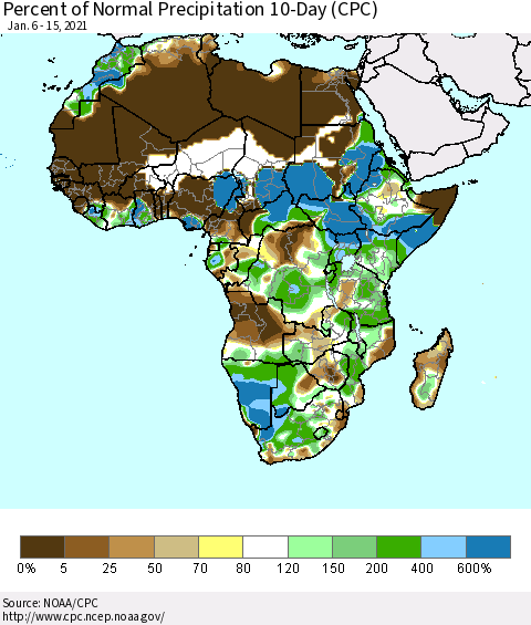 Africa Percent of Normal Precipitation 10-Day (CPC) Thematic Map For 1/6/2021 - 1/15/2021