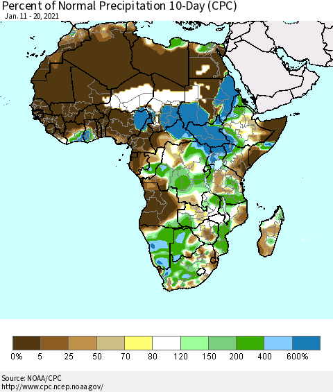 Africa Percent of Normal Precipitation 10-Day (CPC) Thematic Map For 1/11/2021 - 1/20/2021