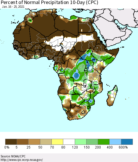 Africa Percent of Normal Precipitation 10-Day (CPC) Thematic Map For 1/16/2021 - 1/25/2021