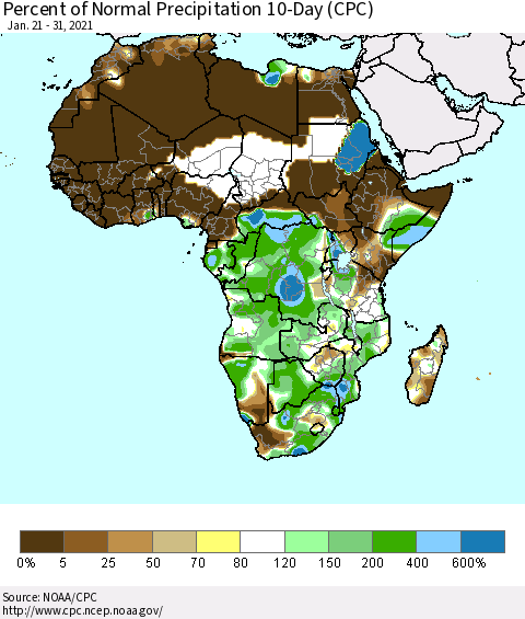 Africa Percent of Normal Precipitation 10-Day (CPC) Thematic Map For 1/21/2021 - 1/31/2021