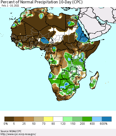 Africa Percent of Normal Precipitation 10-Day (CPC) Thematic Map For 2/1/2021 - 2/10/2021