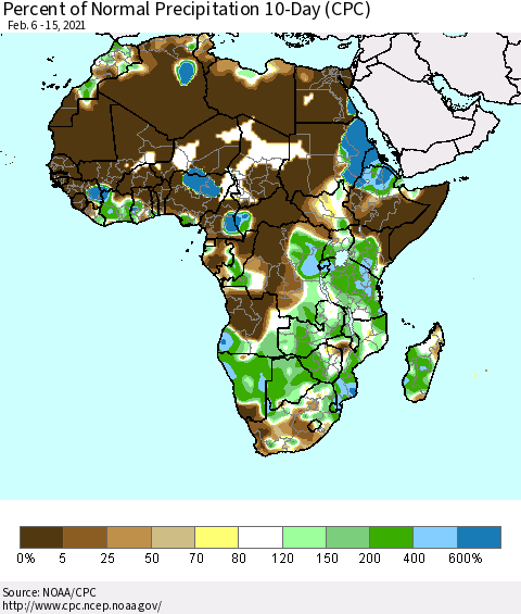 Africa Percent of Normal Precipitation 10-Day (CPC) Thematic Map For 2/6/2021 - 2/15/2021
