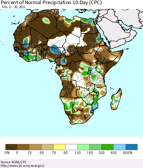 Africa Percent of Normal Precipitation 10-Day (CPC) Thematic Map For 2/11/2021 - 2/20/2021