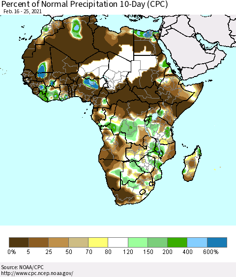 Africa Percent of Normal Precipitation 10-Day (CPC) Thematic Map For 2/16/2021 - 2/25/2021