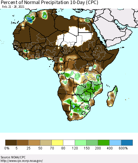 Africa Percent of Normal Precipitation 10-Day (CPC) Thematic Map For 2/21/2021 - 2/28/2021