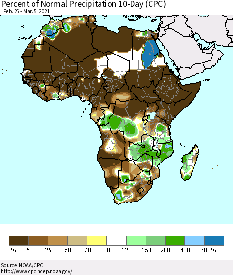 Africa Percent of Normal Precipitation 10-Day (CPC) Thematic Map For 2/26/2021 - 3/5/2021
