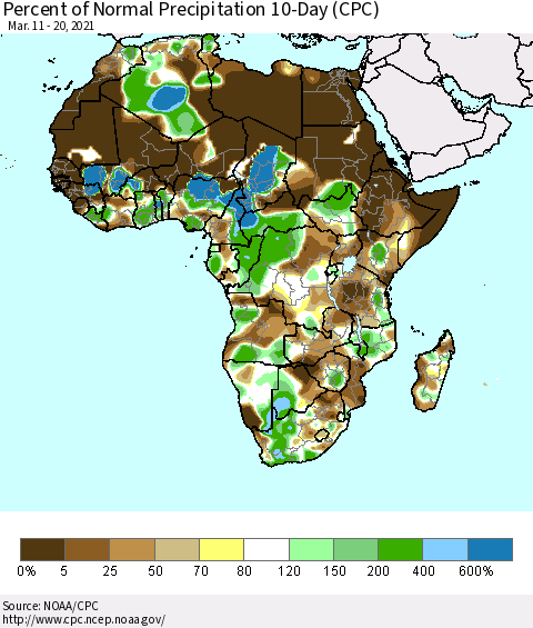 Africa Percent of Normal Precipitation 10-Day (CPC) Thematic Map For 3/11/2021 - 3/20/2021