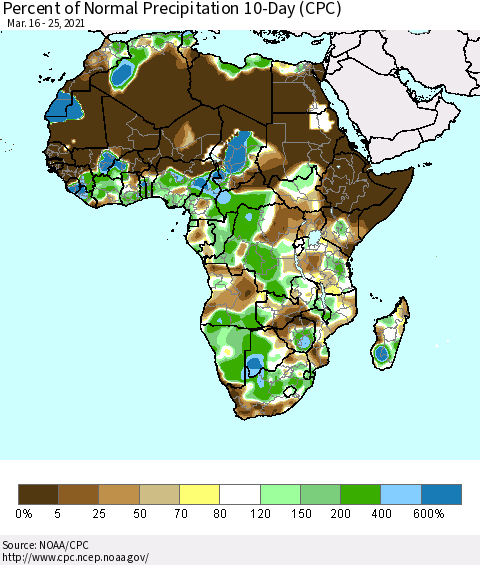 Africa Percent of Normal Precipitation 10-Day (CPC) Thematic Map For 3/16/2021 - 3/25/2021