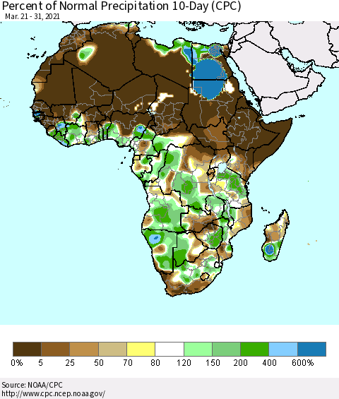 Africa Percent of Normal Precipitation 10-Day (CPC) Thematic Map For 3/21/2021 - 3/31/2021