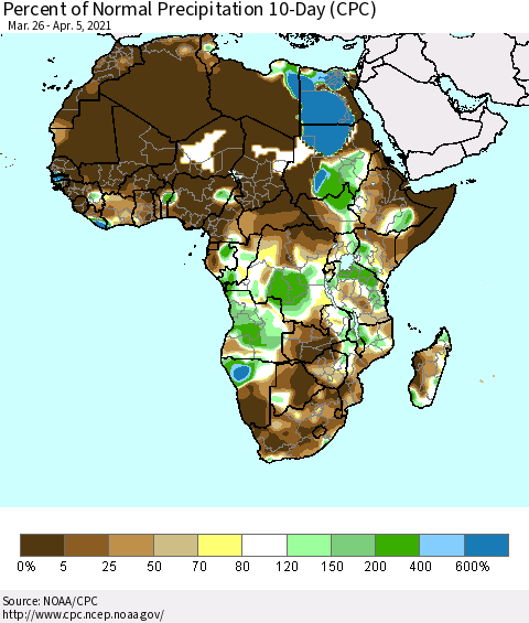 Africa Percent of Normal Precipitation 10-Day (CPC) Thematic Map For 3/26/2021 - 4/5/2021