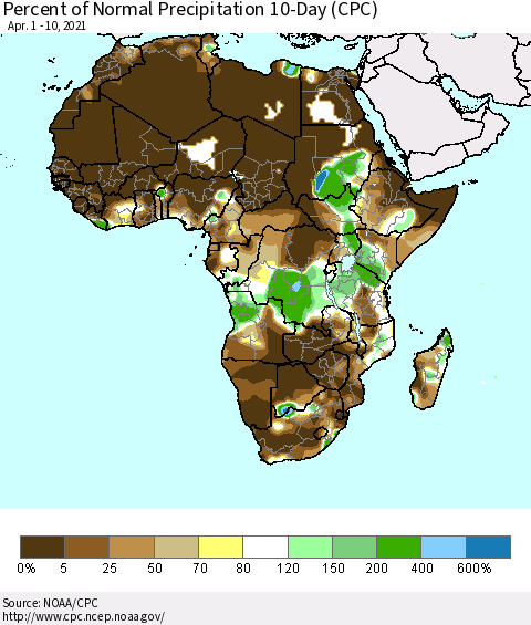 Africa Percent of Normal Precipitation 10-Day (CPC) Thematic Map For 4/1/2021 - 4/10/2021