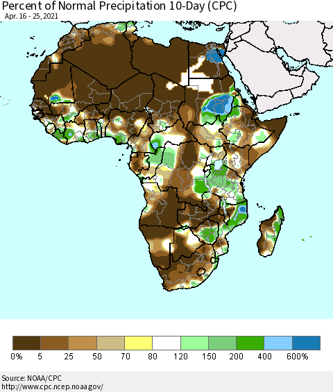 Africa Percent of Normal Precipitation 10-Day (CPC) Thematic Map For 4/16/2021 - 4/25/2021