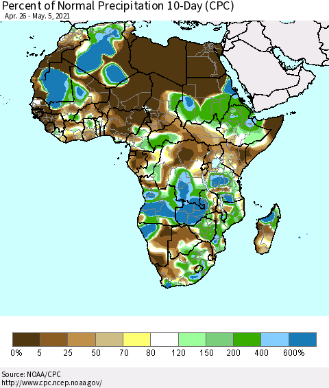 Africa Percent of Normal Precipitation 10-Day (CPC) Thematic Map For 4/26/2021 - 5/5/2021