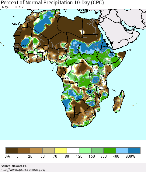 Africa Percent of Normal Precipitation 10-Day (CPC) Thematic Map For 5/1/2021 - 5/10/2021