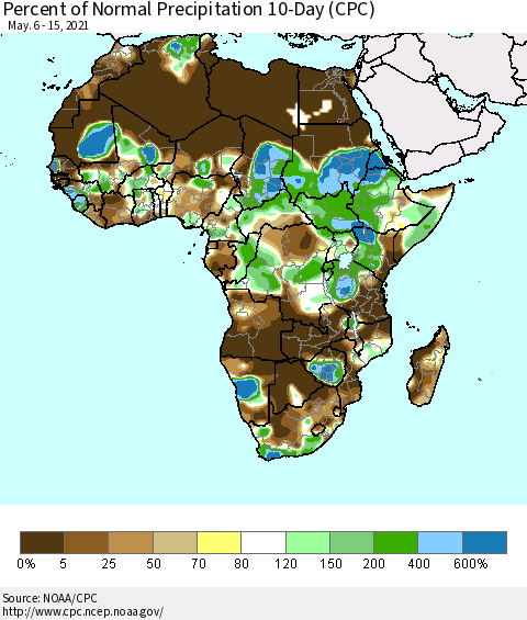Africa Percent of Normal Precipitation 10-Day (CPC) Thematic Map For 5/6/2021 - 5/15/2021