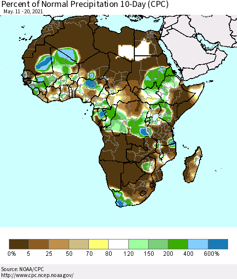 Africa Percent of Normal Precipitation 10-Day (CPC) Thematic Map For 5/11/2021 - 5/20/2021