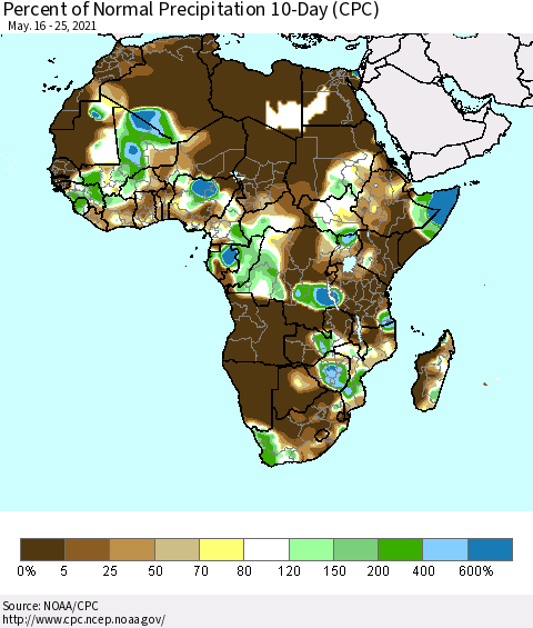 Africa Percent of Normal Precipitation 10-Day (CPC) Thematic Map For 5/16/2021 - 5/25/2021