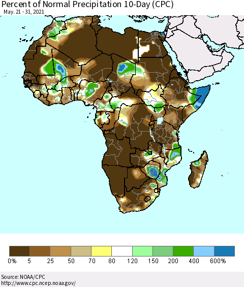 Africa Percent of Normal Precipitation 10-Day (CPC) Thematic Map For 5/21/2021 - 5/31/2021