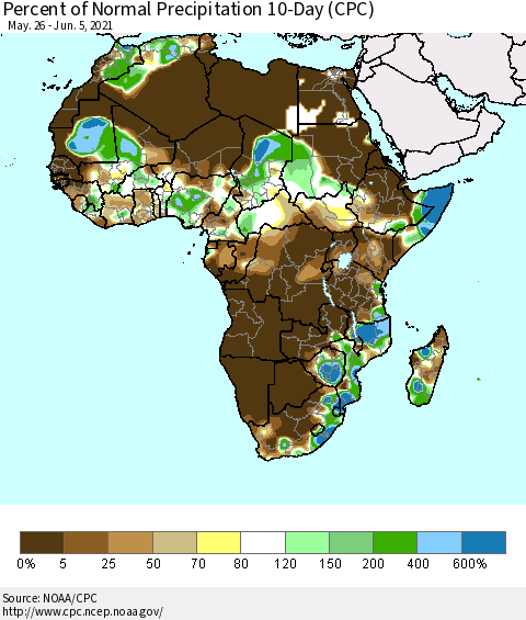 Africa Percent of Normal Precipitation 10-Day (CPC) Thematic Map For 5/26/2021 - 6/5/2021