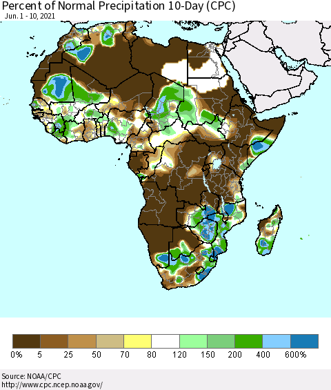 Africa Percent of Normal Precipitation 10-Day (CPC) Thematic Map For 6/1/2021 - 6/10/2021