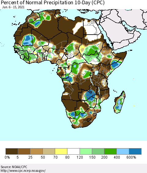 Africa Percent of Normal Precipitation 10-Day (CPC) Thematic Map For 6/6/2021 - 6/15/2021