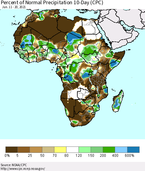 Africa Percent of Normal Precipitation 10-Day (CPC) Thematic Map For 6/11/2021 - 6/20/2021
