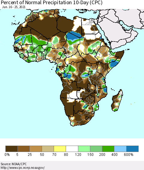 Africa Percent of Normal Precipitation 10-Day (CPC) Thematic Map For 6/16/2021 - 6/25/2021