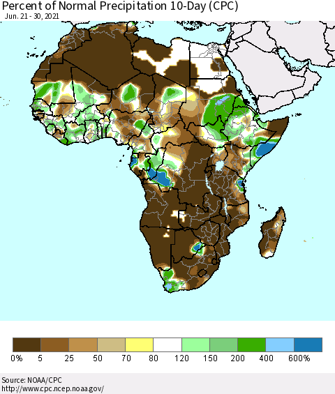 Africa Percent of Normal Precipitation 10-Day (CPC) Thematic Map For 6/21/2021 - 6/30/2021
