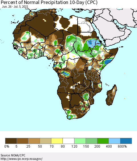 Africa Percent of Normal Precipitation 10-Day (CPC) Thematic Map For 6/26/2021 - 7/5/2021