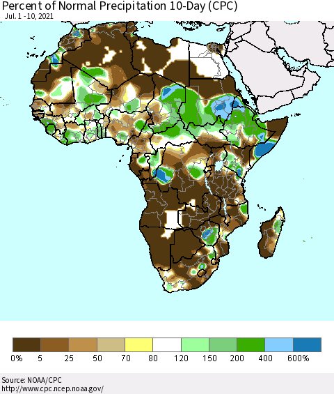 Africa Percent of Normal Precipitation 10-Day (CPC) Thematic Map For 7/1/2021 - 7/10/2021