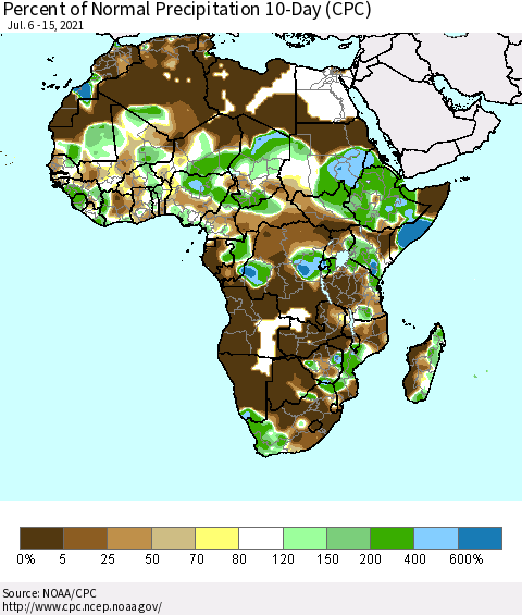 Africa Percent of Normal Precipitation 10-Day (CPC) Thematic Map For 7/6/2021 - 7/15/2021