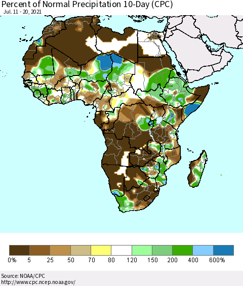 Africa Percent of Normal Precipitation 10-Day (CPC) Thematic Map For 7/11/2021 - 7/20/2021