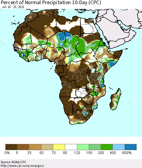 Africa Percent of Normal Precipitation 10-Day (CPC) Thematic Map For 7/16/2021 - 7/25/2021