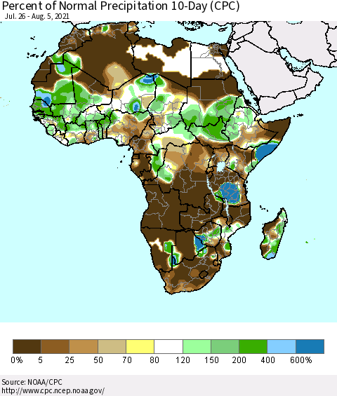 Africa Percent of Normal Precipitation 10-Day (CPC) Thematic Map For 7/26/2021 - 8/5/2021