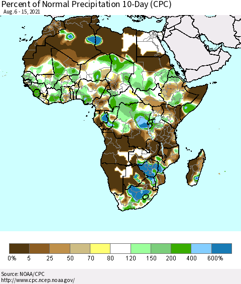 Africa Percent of Normal Precipitation 10-Day (CPC) Thematic Map For 8/6/2021 - 8/15/2021