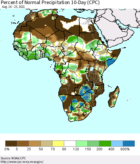 Africa Percent of Normal Precipitation 10-Day (CPC) Thematic Map For 8/16/2021 - 8/25/2021