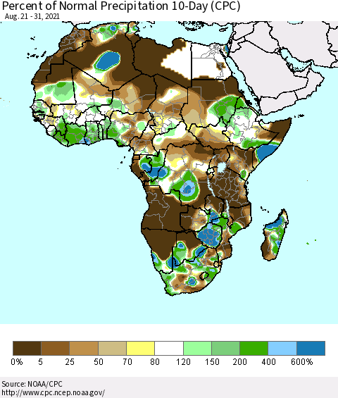 Africa Percent of Normal Precipitation 10-Day (CPC) Thematic Map For 8/21/2021 - 8/31/2021