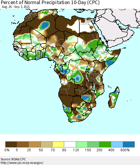 Africa Percent of Normal Precipitation 10-Day (CPC) Thematic Map For 8/26/2021 - 9/5/2021